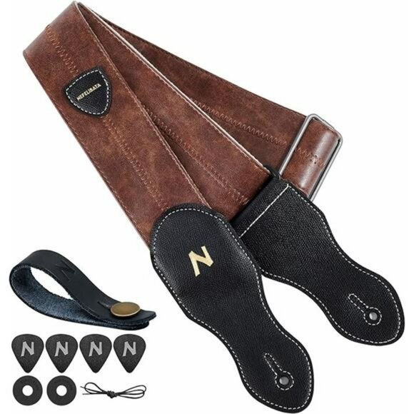 Brown Vegan Leather Guitar Strap Adjustable Soft Wide with Pick Holder - Picture 7 of 7